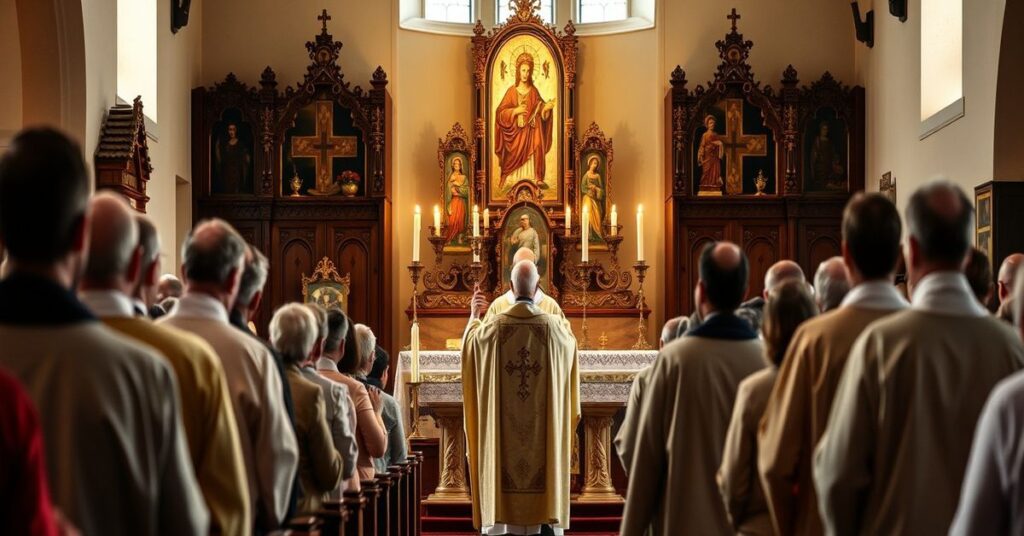 Tradycyjna msza święta w polskiej parafii katolickiej z księdzem w ornaty trydentyńskim podczas świętej Ofiary Mszy Świętej przed modlącą się wspólnotą