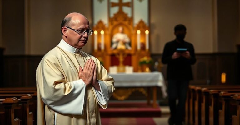 Tradycyjny księd w pełnych ornatach modli się w cichym wnętrzu kościoła z ołtarzem ozdobionym świecami i naczyniami sakramentalnymi. Na tle widoczny jest rozmyty obraz Timothy'ego Dolana w zwykłym ubraniu.