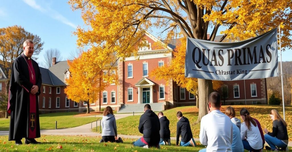 Ksiądz w tradycyjnym habicie przed kampusem Green Mountain College w Vermont symbolizuje konflikt między autentyczną wiarą a modernistycznym odrodzeniem katolickim