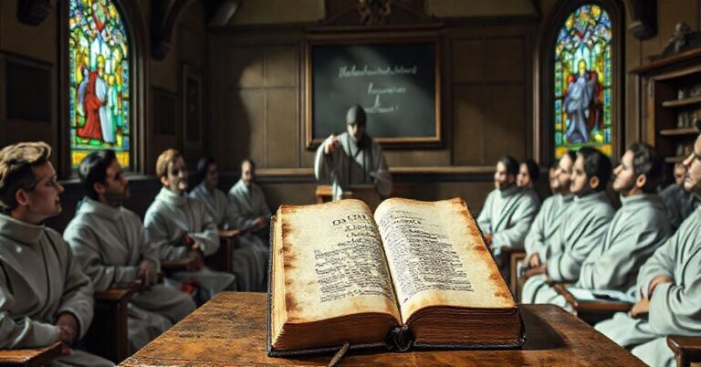 Stary tom "Divini Illius Magistri" na ambonie w tradycyjnym katolickim uniwersytecie, otoczony studentami w sutannach.