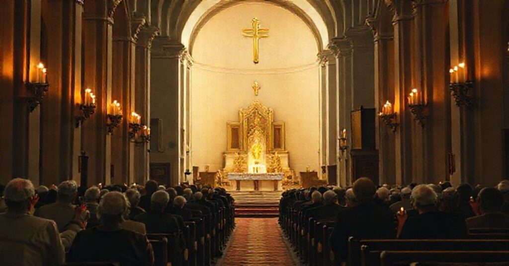 Sobór prawdziwych katolików: Stara Msza Św. w tradycyjnym kościele z wiernymi modlącymi się na kolanach, podczas gdy opuszczona nowoczesna kaplica stoi w tle.
