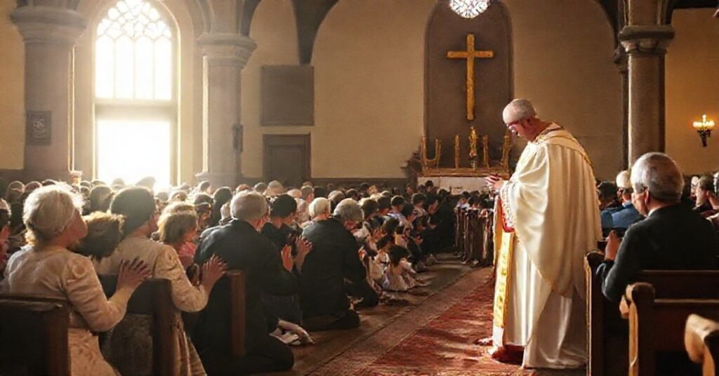 Tradycyjna Msza Trydencka w chilijskim kościele z wiernymi modlącymi się w głębokiej pobożności