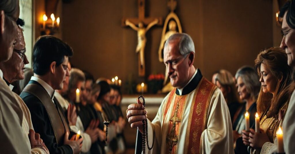 Tradycyjny katolicki różaniec prowadzony przez kapłana w stroju liturgicznym w otoczeniu zboru modlącego się. Scena jest oświetlona ciepłym światłem świec.
