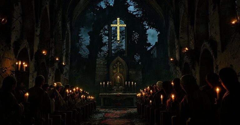 Grupa tradycjonalistów modli się w ruinach kościoła podczas Tridentyńskiej Mszy Świętej, z widokiem na zrujnowany modernistyczny kościół na tle burzowego nieba.