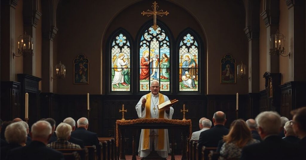 Stary tradycyjny kościół katolicki z księdzem tradycjonalistą w ambonie. Scena przedstawia wiernych słuchających nauki o zdradzie Kościoła przez nowoczesnych apostatów.