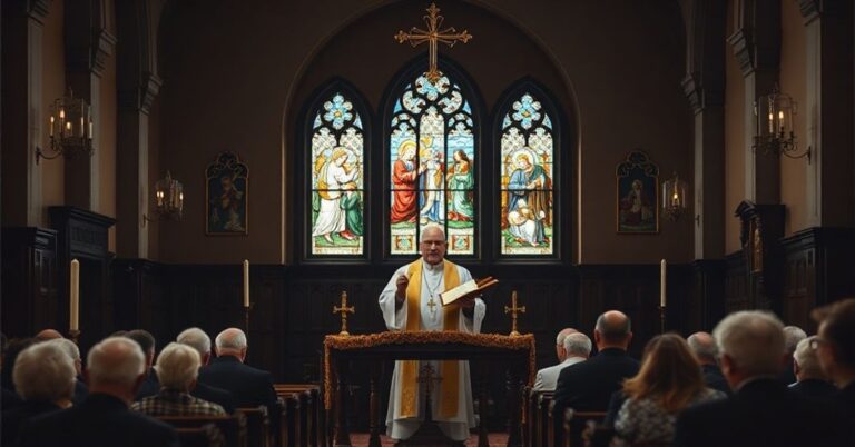 Stary tradycyjny kościół katolicki z księdzem tradycjonalistą w ambonie. Scena przedstawia wiernych słuchających nauki o zdradzie Kościoła przez nowoczesnych apostatów.