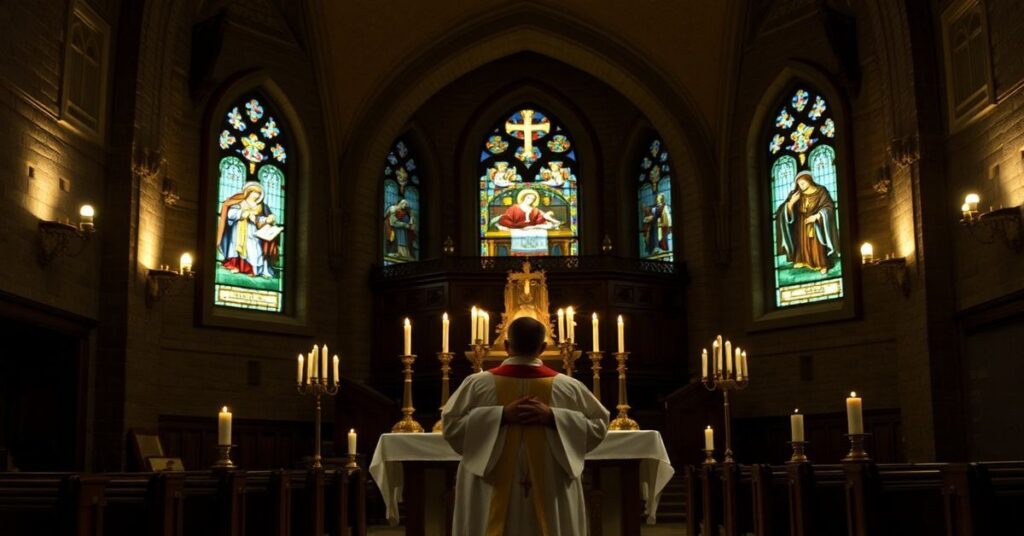 Tradycyjny kościelny wnętrze z ołtarzem i monstrancją z Najświętszym Sakramentem, vacatantysta kapłan w modlitewnym uroczystym stroju przed Eucharystią.