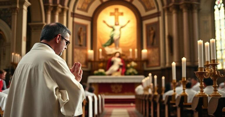 Sobótni kult Eucharystii w tradycyjnym kościele z kapłanem w sutannie modlącego się przed Najświętszym Sakramentem.