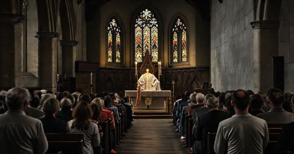 Tradycyjna msza w kościele brytyjskim z adoracją Najświętszego Sakramentu