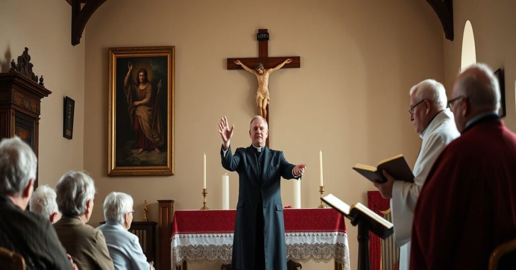 Obraz przedstawiający "arcybiskupa" Adama Szala podczas przemówienia w Leszczawie z okazji Światowego Dnia Chorych. Scena podkreśla tradycyjną katolicką caritas jako nadprzyrodzoną miłość.