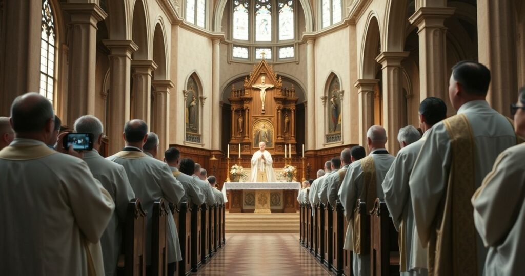 Tradycyjna scena kościelna z duchownymi podczas liturgii, ukazująca powagę i głęboki szacunek, symbolizująca katolicką wierność wobec tradycji