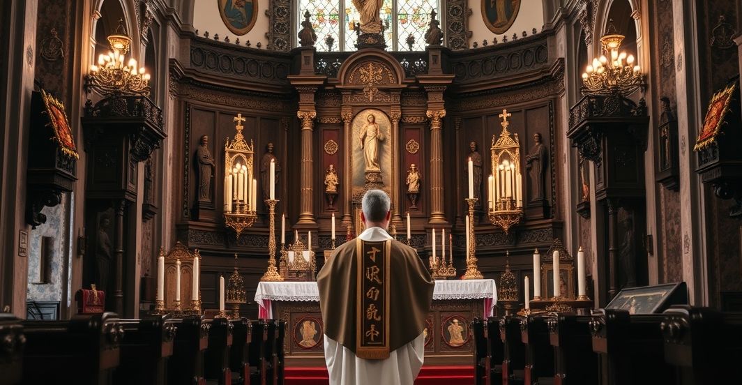 Szanowna scena wewnątrz starego katolickiego kościoła, kapłan modli się przy relikwiach, ukazując powagę i wierność tradycji katolickiej, bez surrealizmu i błędów