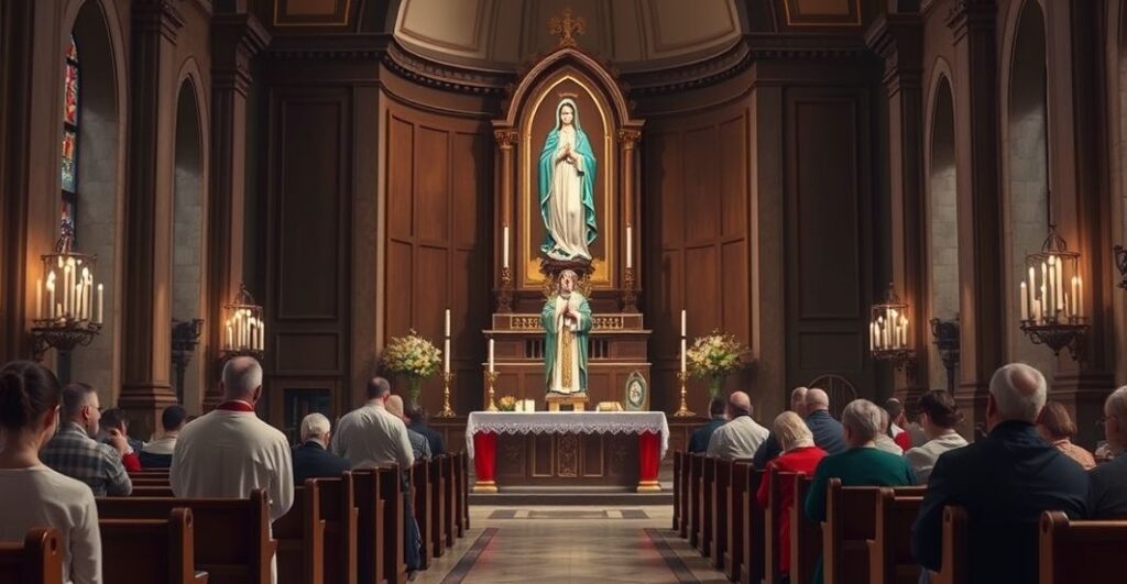 Rewerentna scena katolicka z kapłanem, ikoną Matki Bożej i wiernymi w modlitwie, ukazująca tradycyjną czci Maryi w kontekście krytyki współczesnych zmian liturgicznych