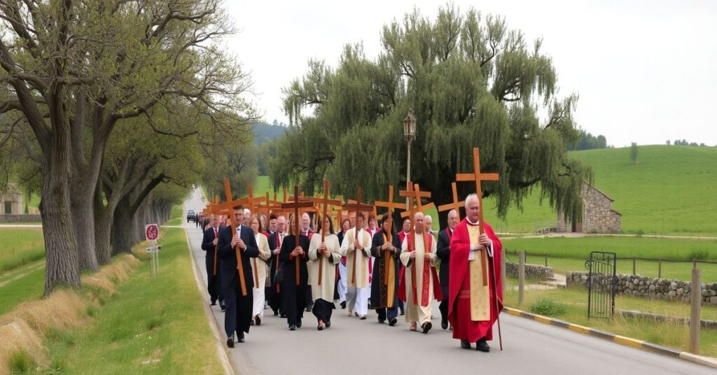 Tradycyjna katolicka procesja Drogi Krzyżowej z wiernymi niosącymi krzyże i kapłanem w ornacie liturgicznym. Scena ustawiona na wiejskiej drodze otoczonej drzewami.