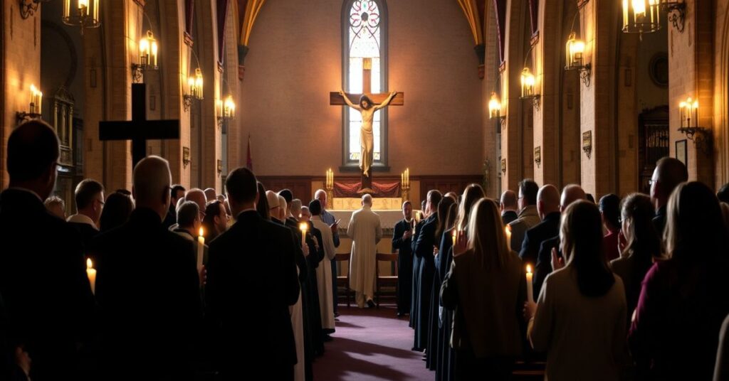 Tradycyjna droga krzyżowa w kościele z modlącymi się wiernymi przy każdej stacji.