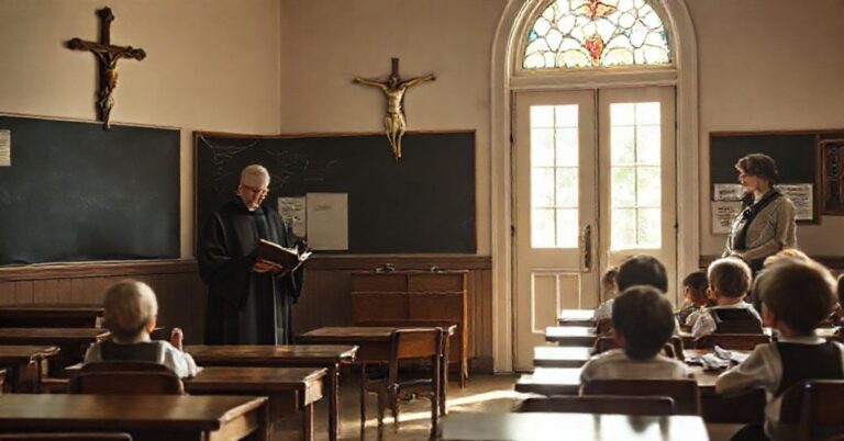 Tradycyjna katolicka klasa szkolna z księdzem i dziećmi pod nauczaniem z katechizmem.