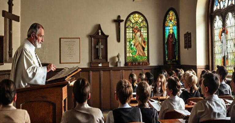 Solemne przedstawienie klasycznej sali lekcyjnej katolickiej z uczniami słuchającymi kazania księdza przy ołtarzu z krzyżem. Scena podkreśla duchowy i nadprzyrodzony wymiar prawdziwej edukacji katolickiej.