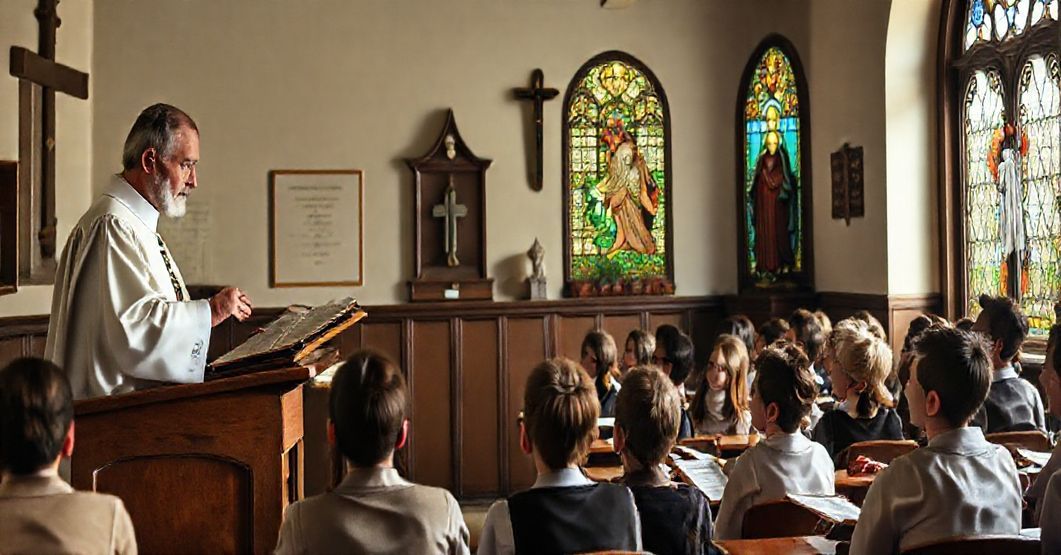 Solemne przedstawienie klasycznej sali lekcyjnej katolickiej z uczniami słuchającymi kazania księdza przy ołtarzu z krzyżem. Scena podkreśla duchowy i nadprzyrodzony wymiar prawdziwej edukacji katolickiej.
