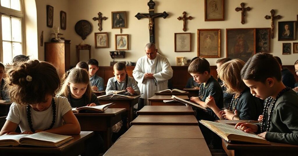 Tradycyjna klasa katolicka z uczniami modlącymi się różanicą pod kierunkiem księdza w sutannie, otoczeni starymi tekstami religijnymi i krzyżami.