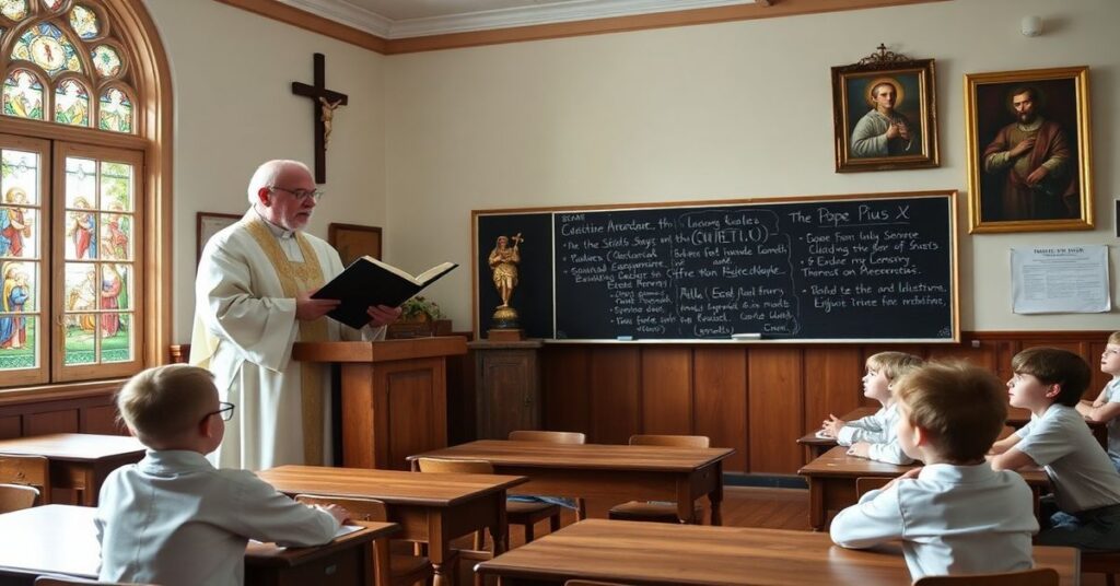 Klasa szkolna z tradycyjnym kapłanem sedevacantystą naucza dzieci o prawdziwej wierze katolickiej