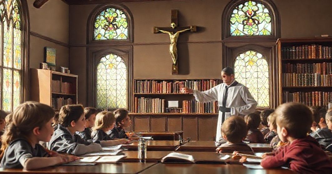 Scena w tradycyjnej katolickiej klasie szkolnej z uczniami słuchającymi katechez i historii.