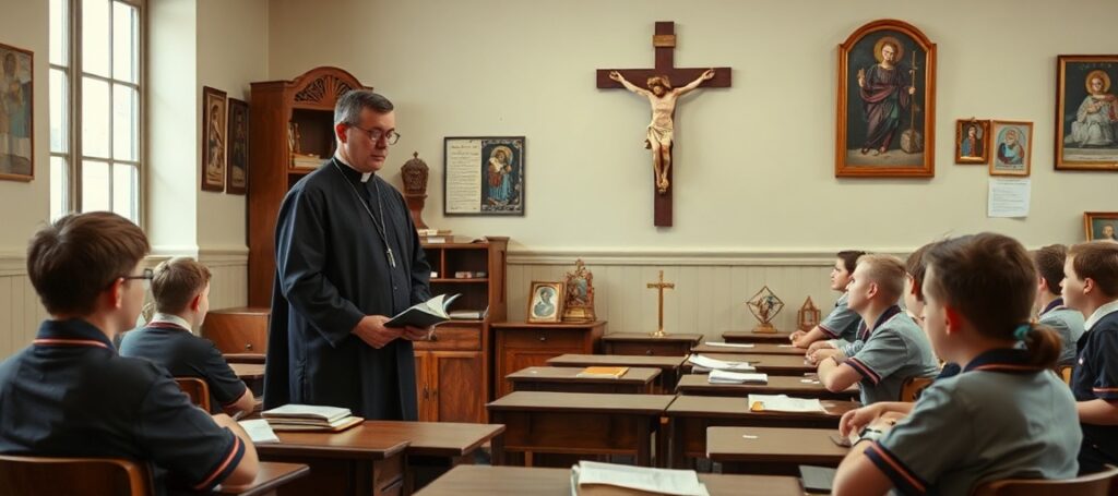 Uczniowie w tradycyjnym katolickim szkole słuchają nauk z Katechizmu od nauczyciela w sutannie. Klasa pełna jest starych katolickich podręczników i ikon religijnych.