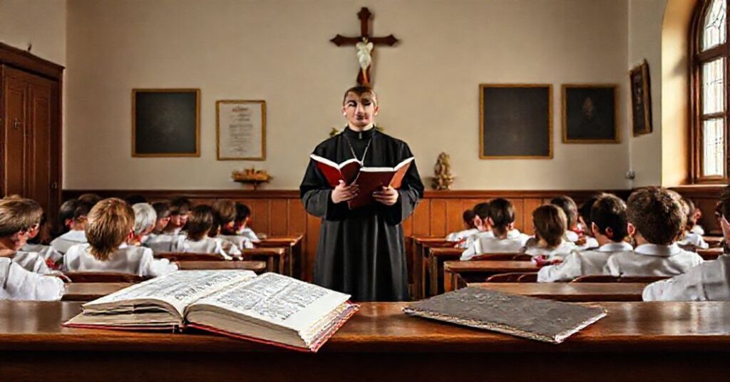 Tradycyjna katolicka edukacja w kontrastzie z nowoczesnym ekumenizmem - sala lekcyjna z nauczycielem w sutannie i uczniami przy tradycyjnych podręcznikach wiernych nauczaniu Kościoła przed Soborem Watykańskim II.