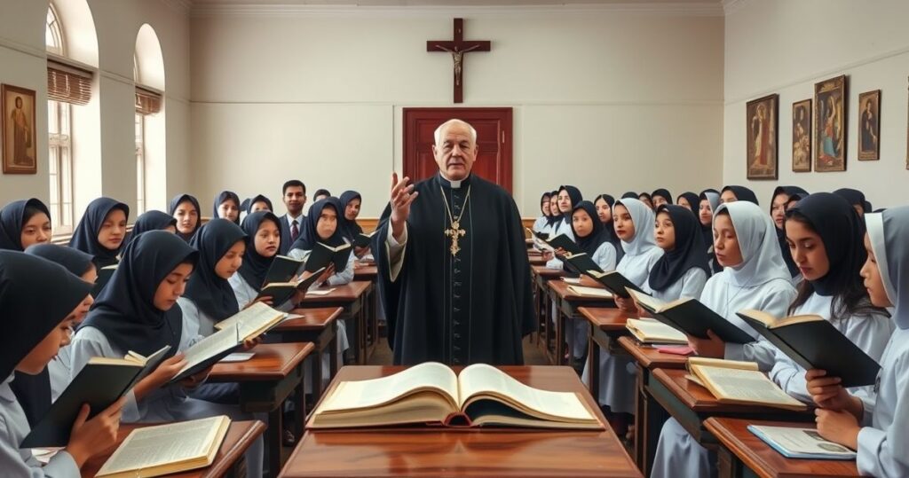 Szkolne środowisko katolickie z nauczycielami i uczniami, przedstawiające tradycyjną edukację katolicką w kontekście kryzysu ideologicznego