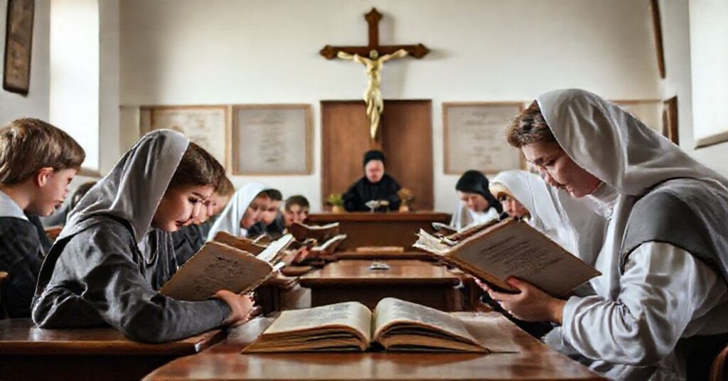 Tradycyjna klasa szkolna z uczniami czytającymi klasyczne polskie lektury pod okiem nauczyciela katolickiego, symbolizującą walkę o zachowanie chrześcijańskiej edukacji.