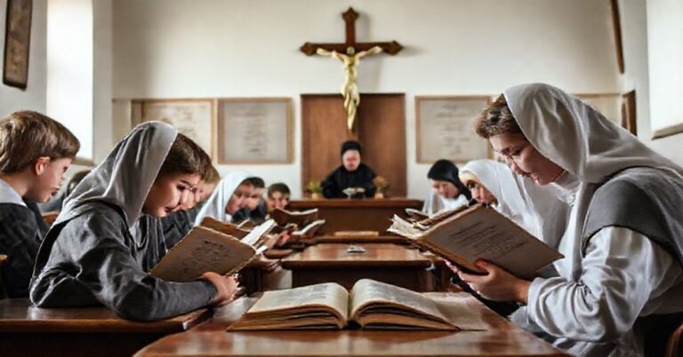 Tradycyjna klasa szkolna z uczniami czytającymi klasyczne polskie lektury pod okiem nauczyciela katolickiego, symbolizującą walkę o zachowanie chrześcijańskiej edukacji.