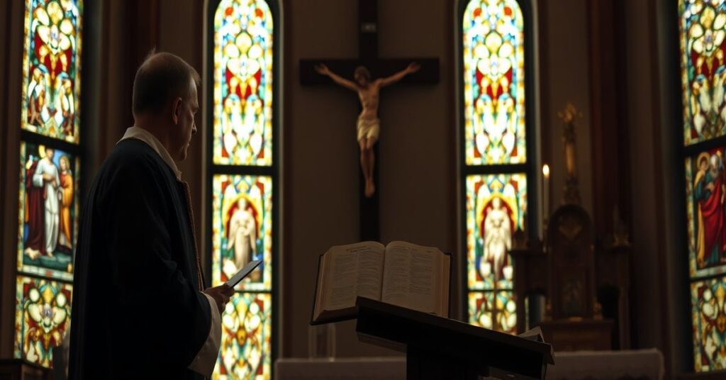 Krakowskie kaplicy z tradycyjnymi witrażami, z księdzem w ornaty na ambonie trzymającym Biblię z tekstem z Drugiego Listu do Koryntian 12:9.