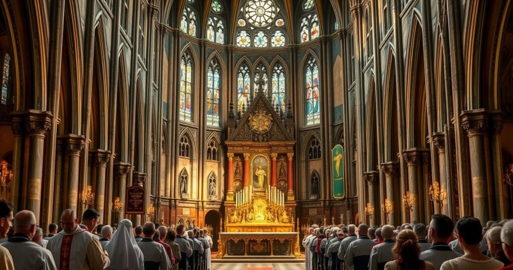 Katolicki kapłan w tradycyjnych szatach podczas adoracji eucharystycznej w zabytkowym kościele, pełen skupienia i pobożności, ukazujący głębię wiary i szacunek dla ofiary Chrystusa.