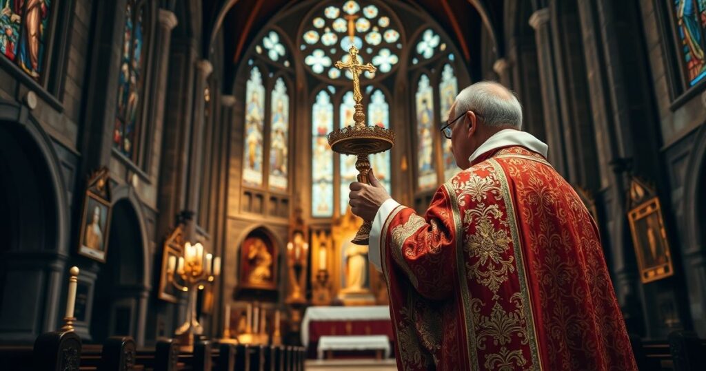 Kapłańska scena Mszy świętej w starej katolickiej świątyni, podkreślająca wierność tradycyjnej Eucharystii i duchowości katolickiej