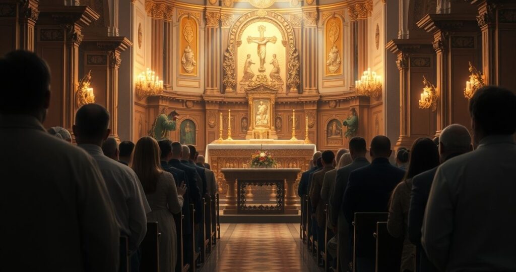 Fotografia ukazująca katolickie sanktuarium z ołtarzem i wiernymi w modlitwie, podkreślająca świętość Eucharystii i tradycyjną pobożność.