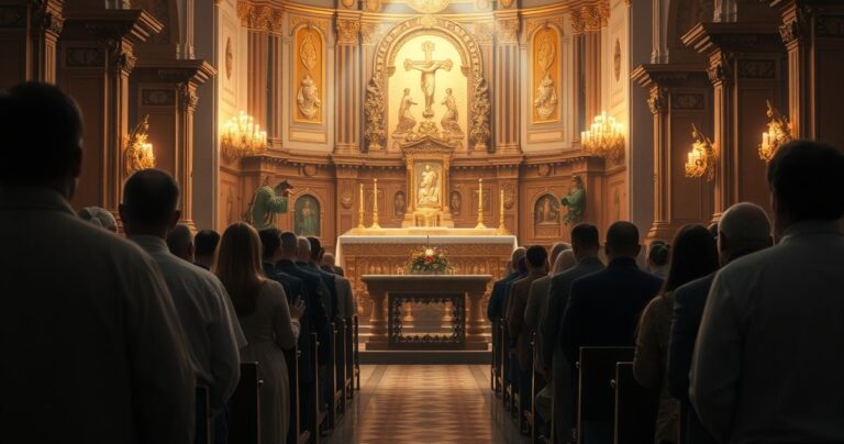 Tradycyjny katolicki kapłan ofiarujący Eucharystię podczas Mszy świętej w historycznym kościele, wywołując uczucie głębokiej duchowości i czci wobec Boga.