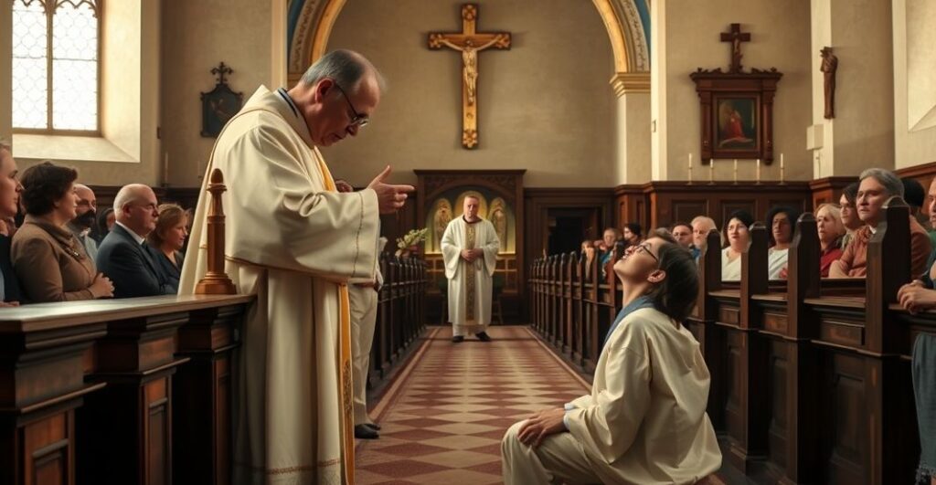 Tradycyjna katolicka scena Eucharystii z wiernym przyjmującym na język w staroświeckim kościele, ukazująca głęboką czcią i wierność tradycji.