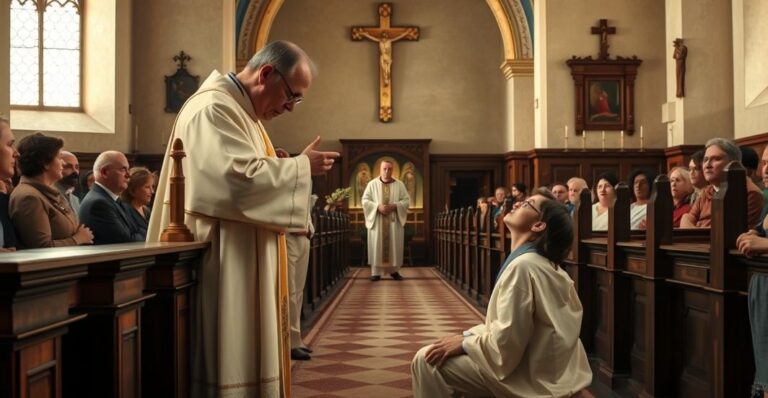 Tradycyjna katolicka scena Eucharystii z wiernym przyjmującym na język w staroświeckim kościele, ukazująca głęboką czcią i wierność tradycji.