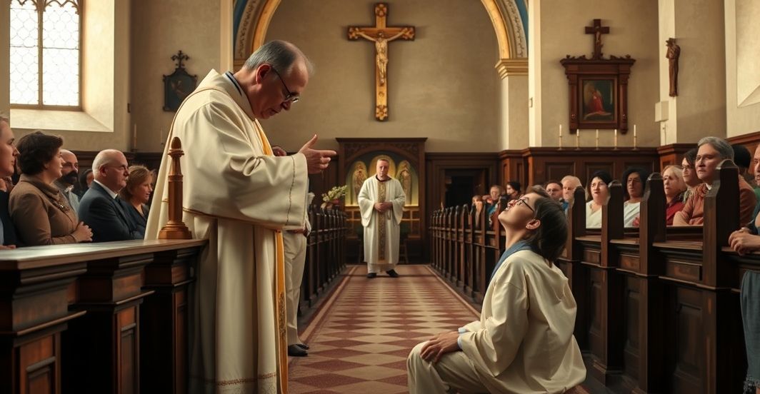 Tradycyjna scena Eucharystii w kościele katolickim Tradycyjna katolicka scena Eucharystii z wiernym przyjmującym na język w staroświeckim kościele, ukazująca głęboką czcią i wierność tradycji.