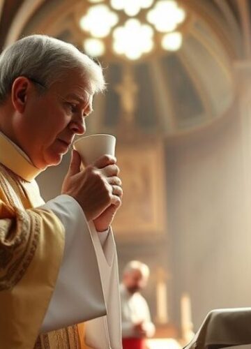 Tradycyjna Eucharystia: Kapłan rozdaje Komunię na język Reverentny katolicki obraz kapłana udzielającego Komunii na język podczas Mszy w tradycyjnym kościele