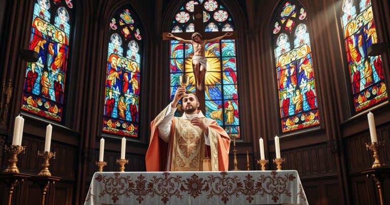 Tradycyjna scena katolicka z kapłanem podczas Eucharystii, ołtarzem, krzyżem i witrażami, oddająca szacunek i wierne oddanie naukom Kościoła.