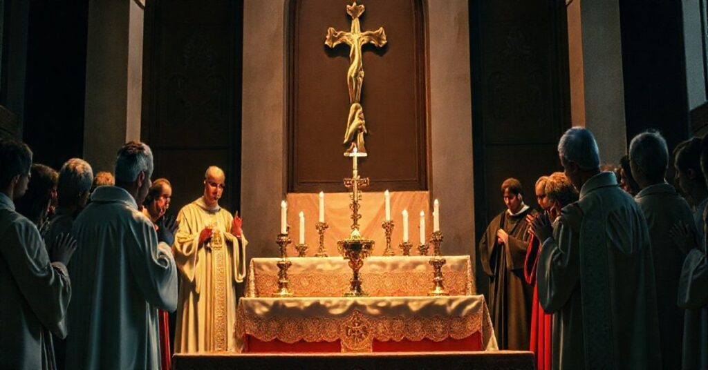 Obraz ukazujący tradycyjną katolicką Eucharystię z kapłanem i wiernymi w modlitwie, wyraźnie przedstawiający powagę i sakralność, odwołując się do krytyki nowoczesnej naukowej analizy cudów eucharystycznych