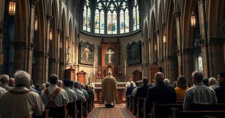 Obraz wnętrza tradycyjnego katolickiego kościoła podczas Mszy, ukazujący kapłana i wiernych w modlitwie, podkreślający autentyczną, sakramentalną Eucharystię z głębokim szacunkiem i religijnością