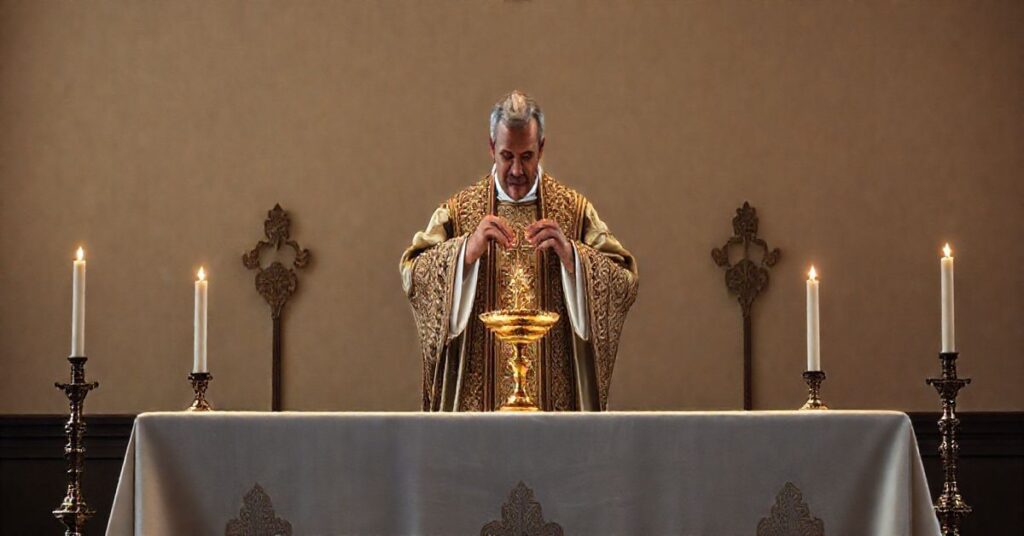 Fotografia realistycznego, pełnego szacunku katolickiego ołtarza z Eucharystią, kapłana w tradycyjnym ornacie dokonującego konsekracji, podkreślająca powagę i wierność nauczaniu katolickiemu