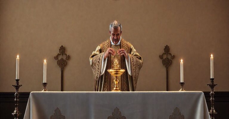 Fotografia realistycznego, pełnego szacunku katolickiego ołtarza z Eucharystią, kapłana w tradycyjnym ornacie dokonującego konsekracji, podkreślająca powagę i wierność nauczaniu katolickiemu