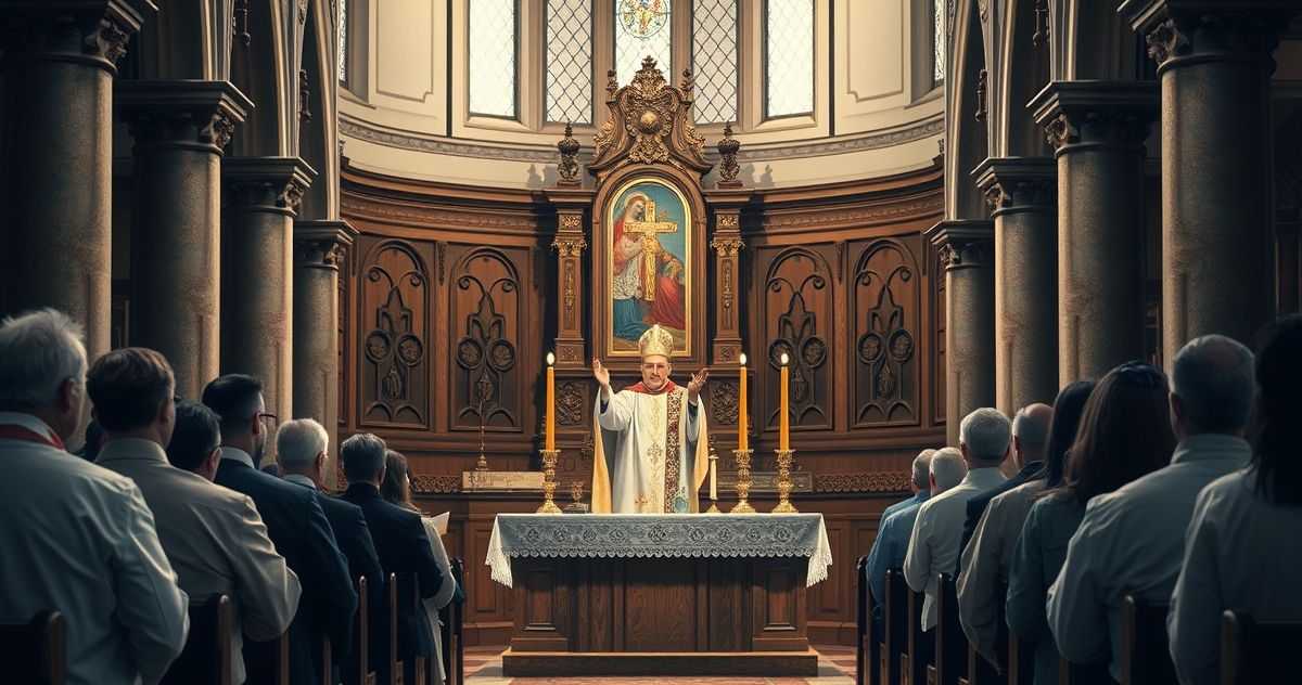 Realistyczne, pobożne zdjęcie katolickiej liturgii w tradycyjnym kościele, ukazujące kapłana w ornacie podczas Eucharystii, wiernych w modlitewnej postawie, wyraz głębokiej pobożności i szacunku dla sakramentów.