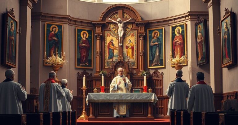 Obraz przedstawiający tradycyjną katolicką Eucharystię na ołtarzu, z kapłanem w liturgicznych szatach, ikony świętych i krucyfiks, oddający duchowość, pokorę i wierność wierze katolickiej.
