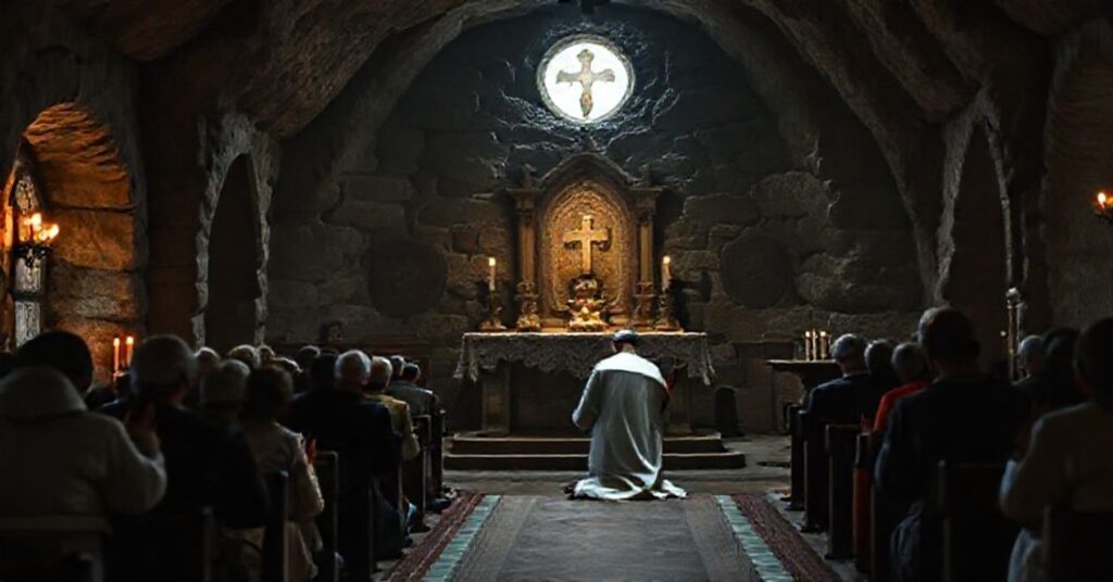 Tradycyjna grota Narodzenia w Betlejem z kapłanem celebrującym Msze Tridentyńską i wierzącymi w modlitwie