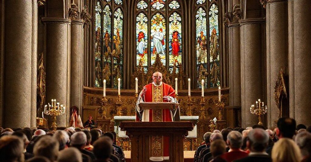 Tradycyjna katolicka homilia w katedrze z akcentem na społeczne królestwo Chrystusa