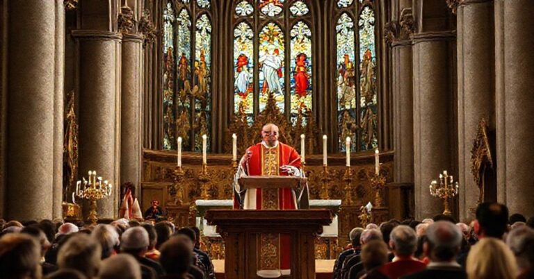 Tradycyjna katolicka homilia w katedrze z akcentem na społeczne królestwo Chrystusa