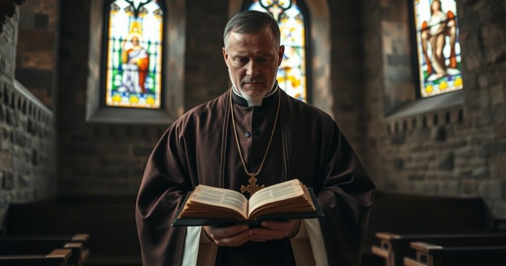 Tradycyjny katolicki kapłan w szatach liturgicznych trzymający otwartą Biblię w historycznym kościele z witrażami, symbolizujący jedność katolicką z perspektywy sedevakantystycznej